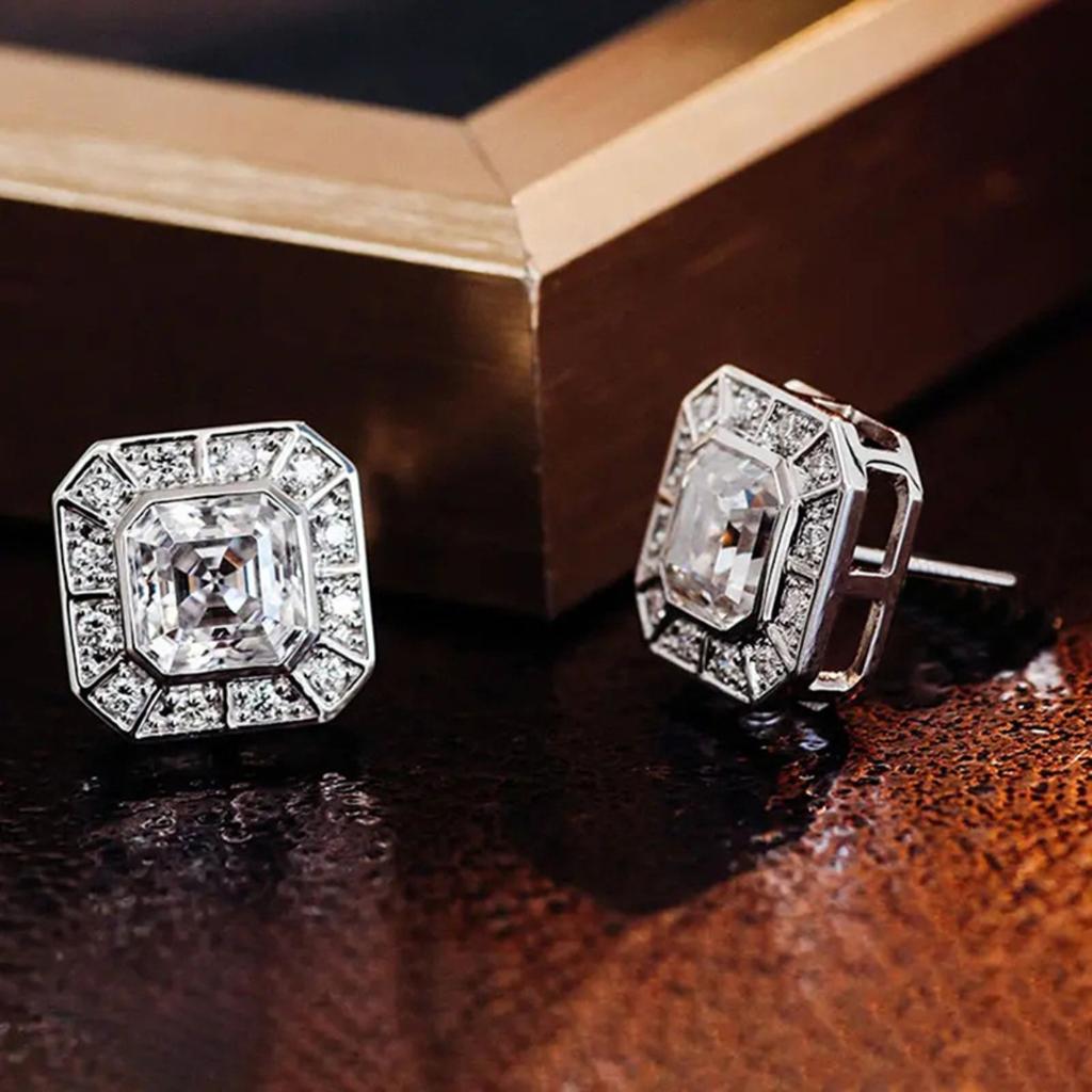 Square Cut Halo Stud Earrings for Women Sparkly Geometric Earrings Elegant Classic Daily and Party Jewelry
