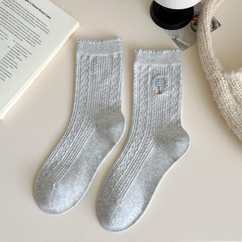 2025 Autumn Women's Japanese Style Embroidered Puppy Mid-Calf Socks - Fashionable, Versatile, Butterfly Scrunch Design