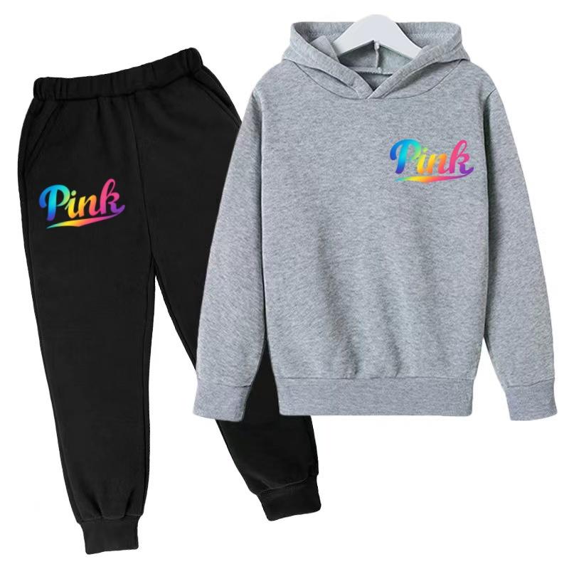 Kids Hoodie Pink Letters Print Coat Boy Girl Toddler 3-12 Years Charming Casual Clothing Top+Pants 2P Leisure Sports Fashion Set