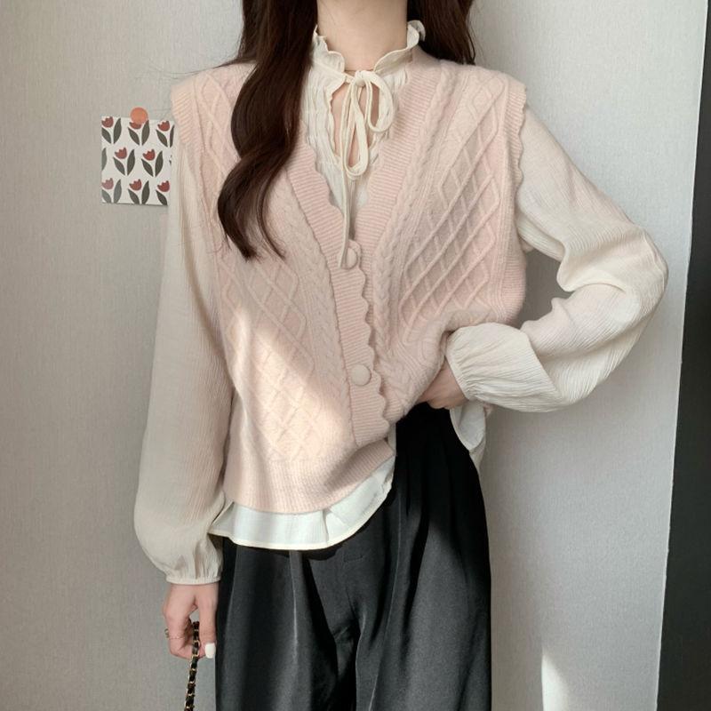 Damen Süßes Rautenmuster Gestrickte Weste Cardigan Mantel Einfarbig Spitze Pulloverweste Cardigan für Oberbekleidung