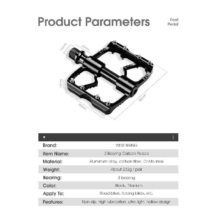 WEST BIKING Carbon Fiber Tube Bicycle Pedals MTB BMX Road Bike Cycling Footrest Lightweight CNC Aluminum Alloy 3 Bearings Pedal