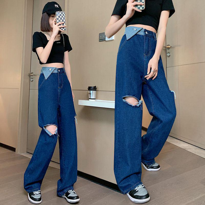 Plus Size Women's Black Denim Pants, Loose Elastic Waist, Wide-Leg, Straight, Floor-Length, Winter Extra Thick, Slimming, Fits Up to 200 Jin.