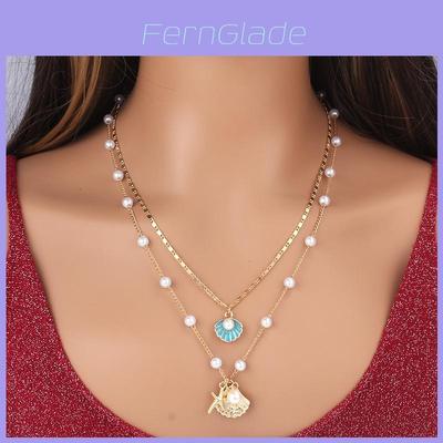 Ocean Style Shell Necklace Set With Metallic Starfish And Pearl Chain For Women And Men