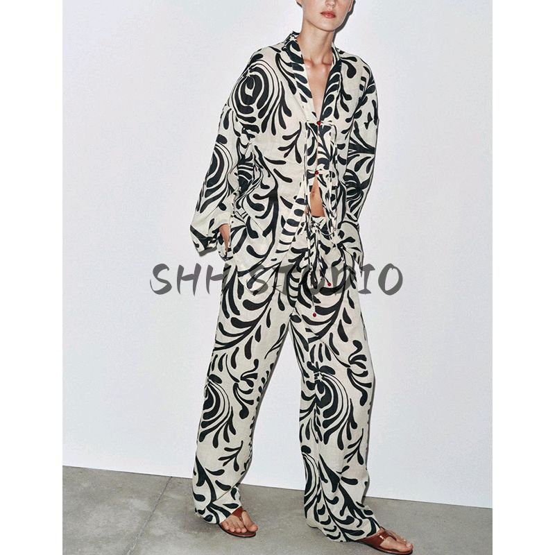 Summer New Arrival Print Long Sleeves Lapel Coat 2731084 Mid-Waist Straight Casual Pants 2731089