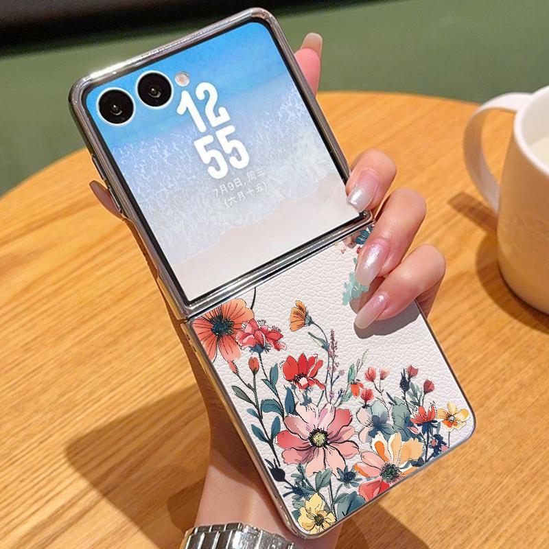 

Flower Leaves Pattern Case For Samsung Z Fold 7 6 5 Luxury Hybrid 3in1 Leather Skin Plating Folding Phone Cover For Samsung Z Fold7 Fold6 Fold5 Samsung Z Flip7 бежевий