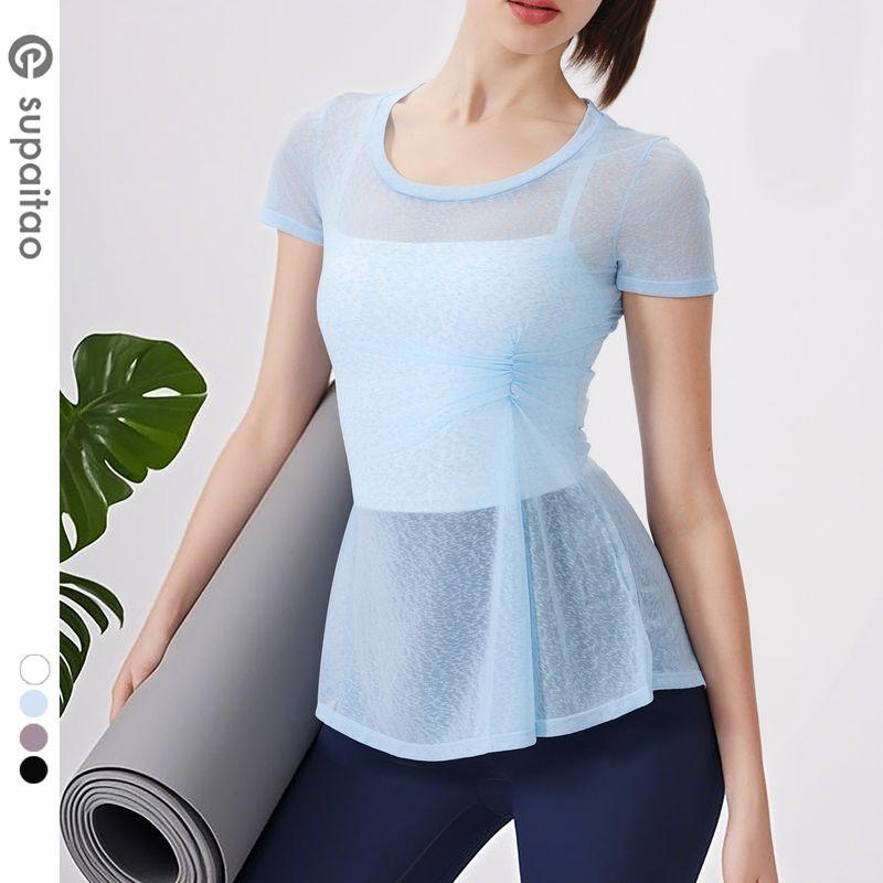 

Non-Returnable] Micro-Transparent Yoga Clothes Short Sleeve Tops Mid Length Long Length Sports Blouse Workout Clothes T-Shirt Quick-Drying Thin Ocean Blue M