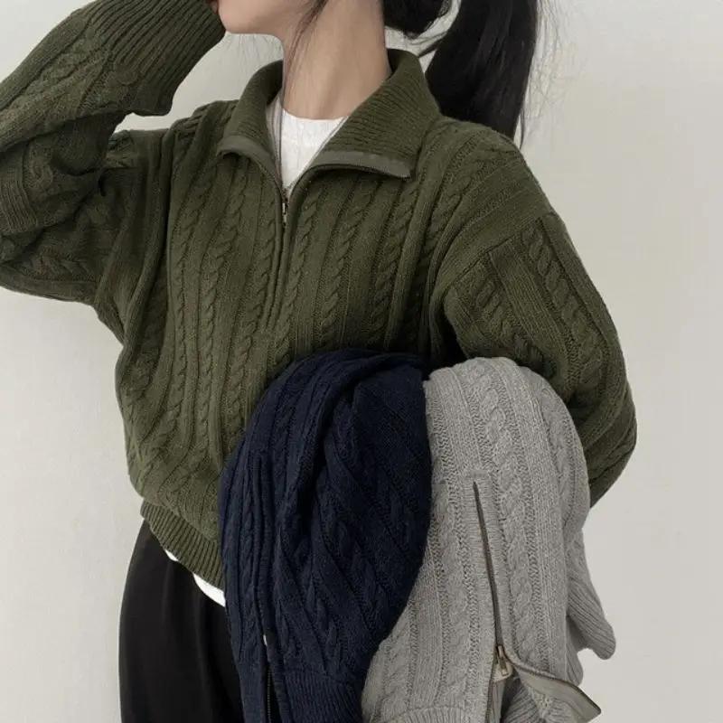 Herbst und Winter Dicke Strickoberteil Halbreißverschluss Pullover Frauen Vintage Twisted Strick Crop Pullover Casual Mujer Langarm Tops