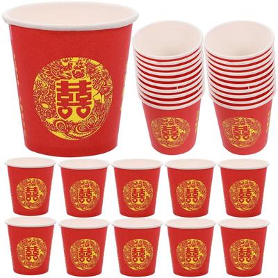 100pcs Festive Wedding Paper Cup Traditional Disposable Paper Cup Party Wedding Banquet Small Paper Cup Red Double Happiness Cup