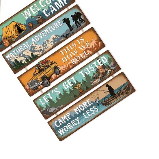 Outdoor Wall Decoration, Wood Sign with Hemp Rope Hanger, Retro 5-Panel Spliced Design, Adventure Camping Wood Wall Decor for Porch Campsite