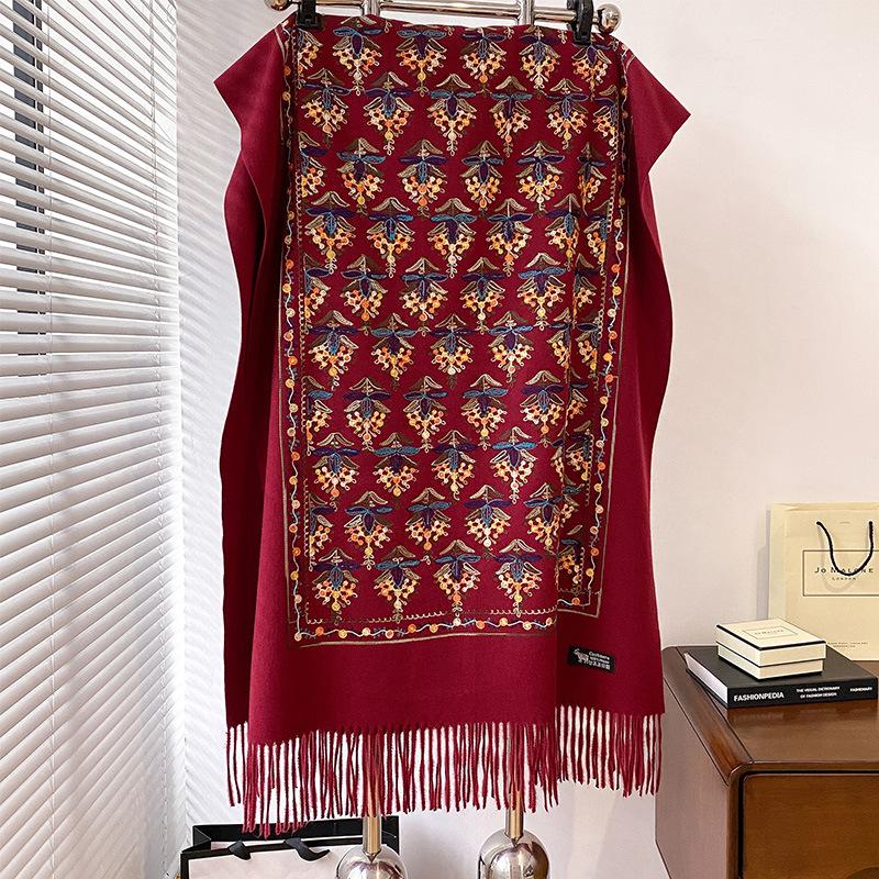 Winter Warm Cashmere Scarf for Women Floral Embroidery Pashmina Blanket Thick Shawl Wrap Neckerchief Elegant Poncho Bufanda