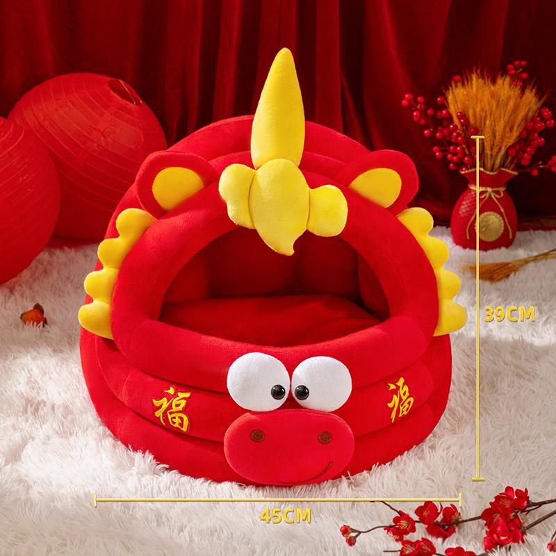 2026 New Year Semi Enclosed Pet House Comfortable Cozy Warm Thickened Festive Celebratory Red Cat Bed Luxury Gifts for Pets