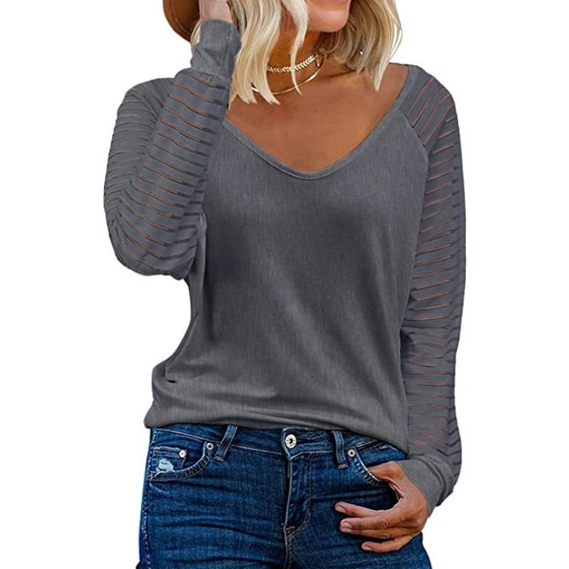 GMXIA Kadın Modası Günlük Düz Renk Baskılı Uzun Kollu V Yaka Bluzlar & Gömlekler