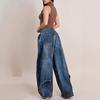 Wide Leg Pants Women Vintage Denim Jeans Punk Style Loose Trousers Stretch Mid Waist Washed Distressed