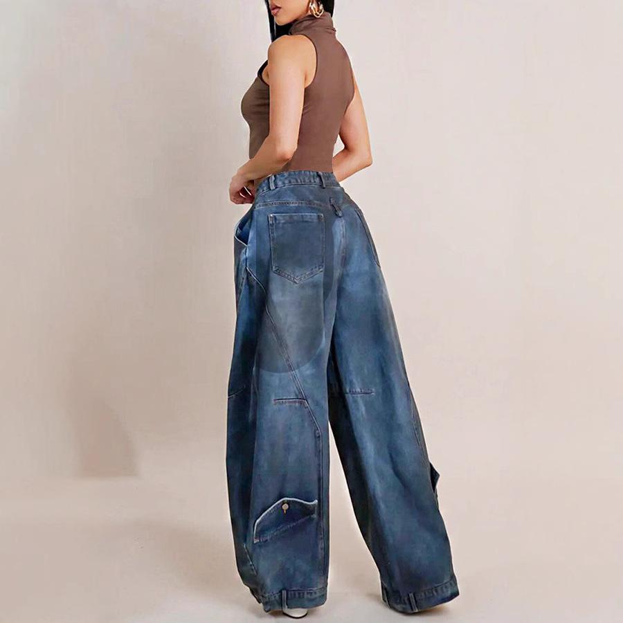 Wide Leg Pants Women Vintage Denim Jeans Punk Style Loose Trousers Stretch Mid Waist Washed Distressed