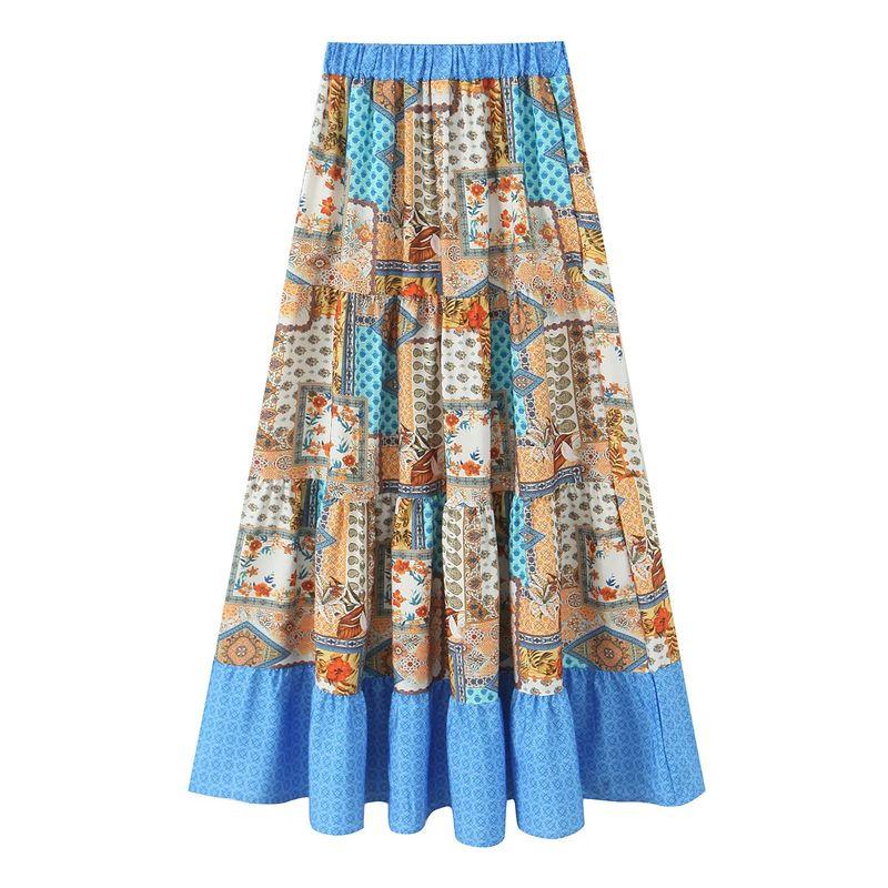 Summer New Arrival Women's Layered Stitching Big Swing Bohemia Retro Print Long Skirt 5029090