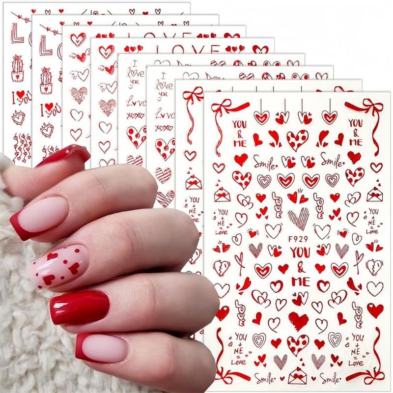 Valentine's Day Nail Art Stickers 3D Adhesive Red Heart Nail Decals Nail Supplies Nail Art Design Decoration Accessories