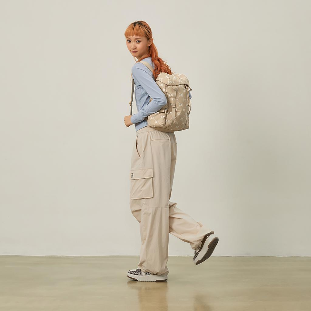 New MLB   Double Shoulder Laptop Bag Travel Cycling Bag Backpack For Students Unisex Beige Brown 3ABKM035N-50BGD