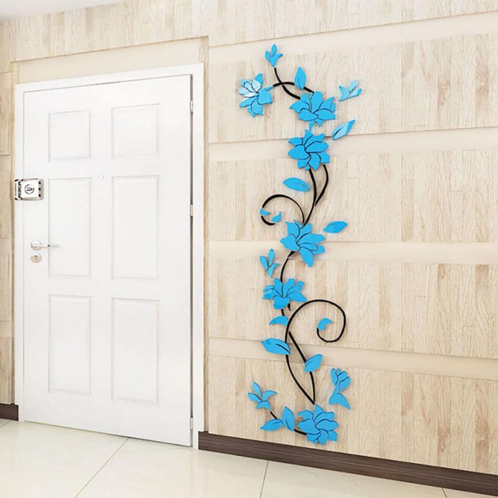 Corridor TV Background Wall 3D Flower Decoration, Acrylic Tree Wall Decal DIY Decor Sticker, Light Blue Indoor
