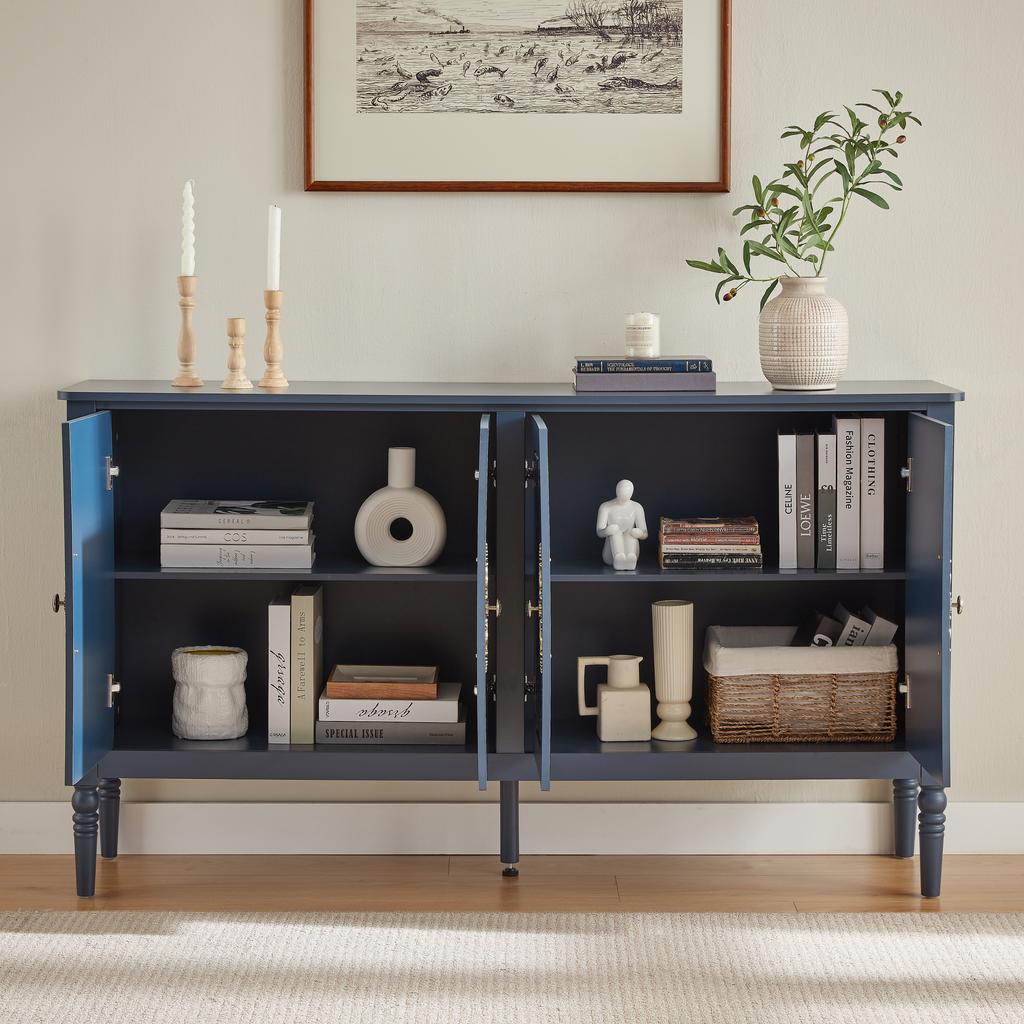 Sideboard with Antique Relief Carvings, Storage Space and Rounded Corners – Storage Cabinet for Dining Room, Living Room and Hallway (Navy Blue)