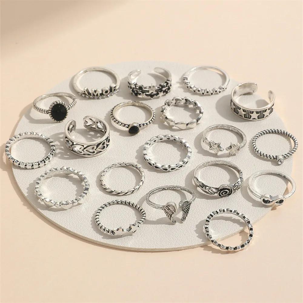19 PCS Retro Punk Finger Ring Set For Women Vintage Heart Wing Star Gothic Ring Female Fashion Jewelry Accessories