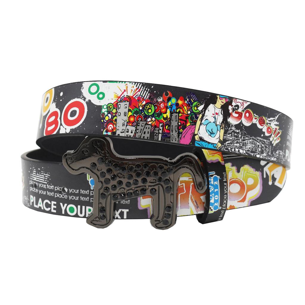 Dog Rhinestone Buckle Smooth Buckle Printed Graffiti Casual Personalized Belt Belt Versatile In Europe and America