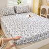 Bed Sheet with Elastic Washed Cotton Blue Flower Printed Fitted Sheet Single/Queen/King Mattress Cover for Double Beds