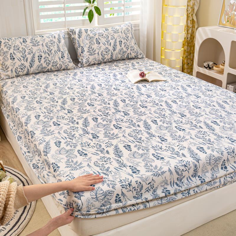 Bed Sheet with Elastic Washed Cotton Blue Flower Printed Fitted Sheet Single/Queen/King Mattress Cover for Double Beds
