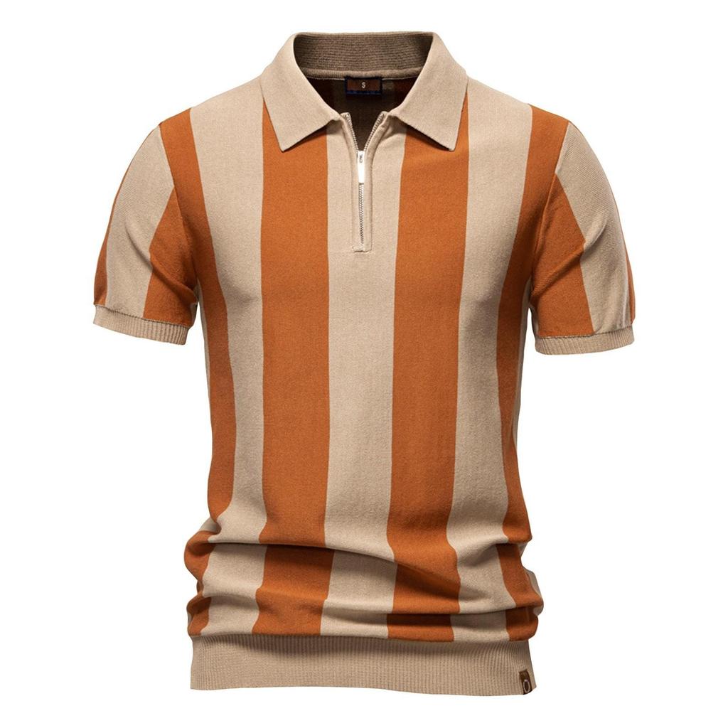 Men's Summer Stripe Knitted Zipper Lapel Short Sleeve Top Men's Casual Fashion Shirt