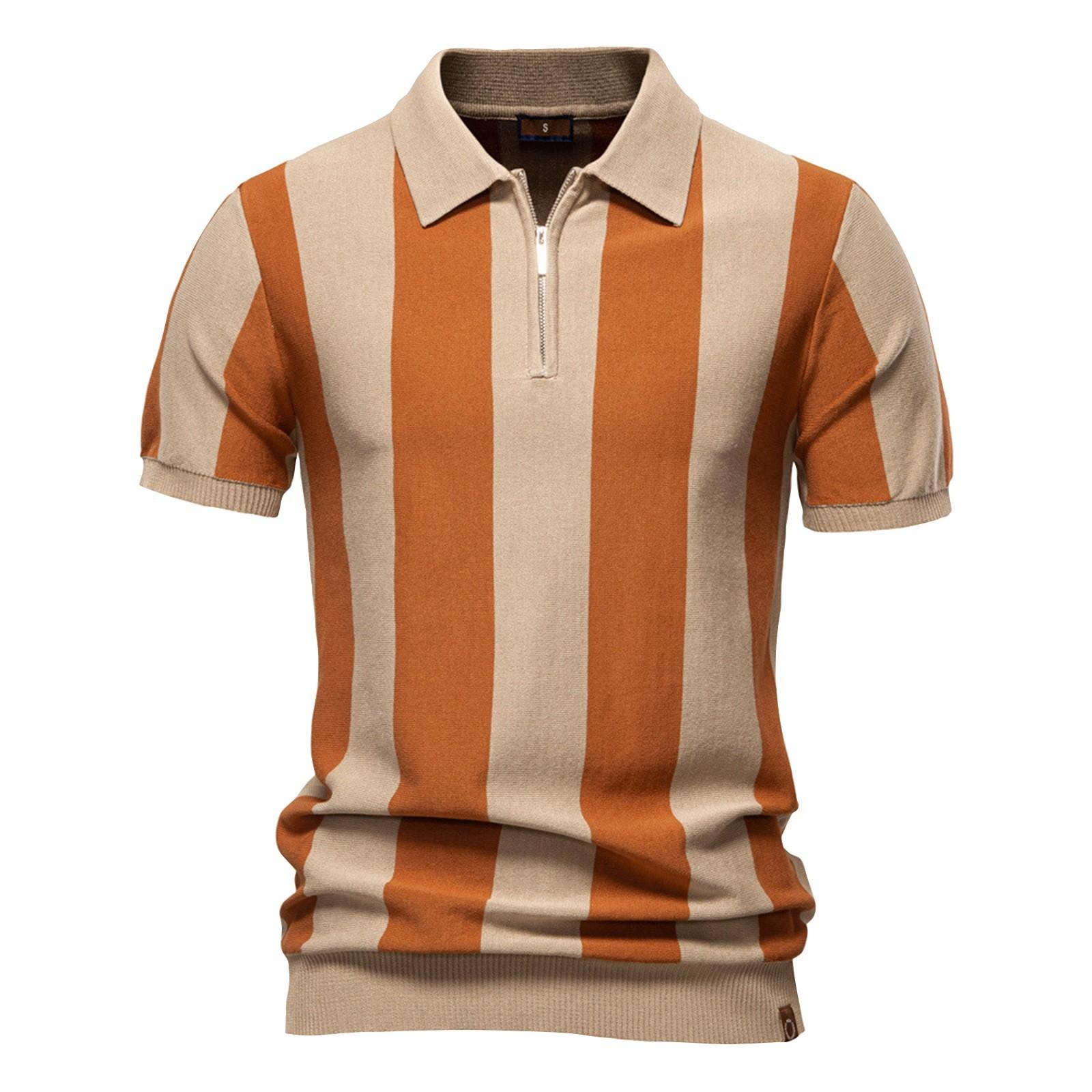 Men s Summer Stripe Knitted Zipper Lapel Short Sleeve Top Men s Casual Fashion Shirt M