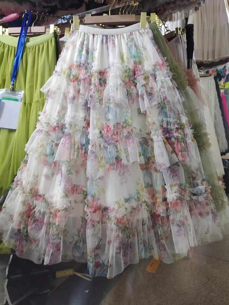 Women's 2025 French Court Style Irregular Patchwork Floral Mesh A-line Midi Skirt