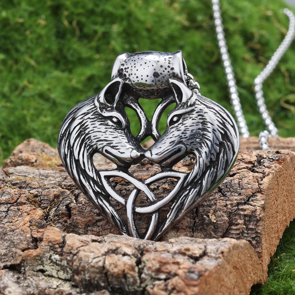 Stainless Steel Double Wolf Head Celtic Knot Pendant Necklace - Retro Style Accessories