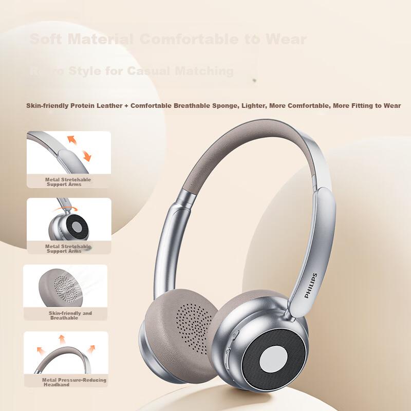 PHILIPS Retro Over-Ear Wireless Bluetooth Headphones Fashion Digital Wear Noise Cancelling Gaming Low