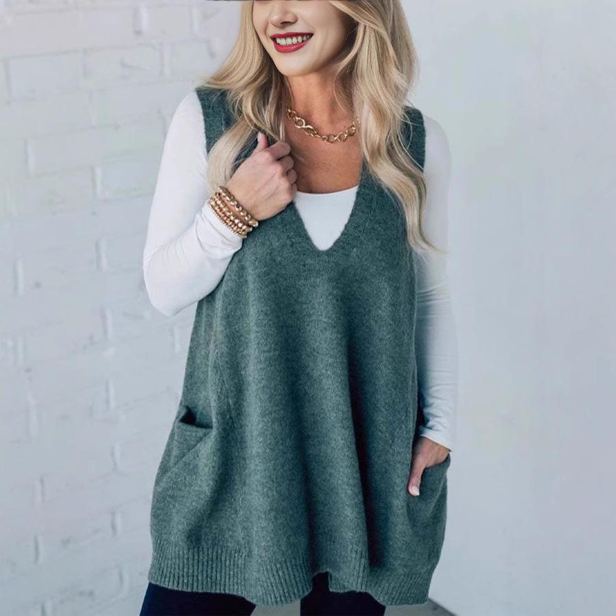 Women's Autumn/Winter V-Neck Casual Loose Knit Sweater Vest with Pockets