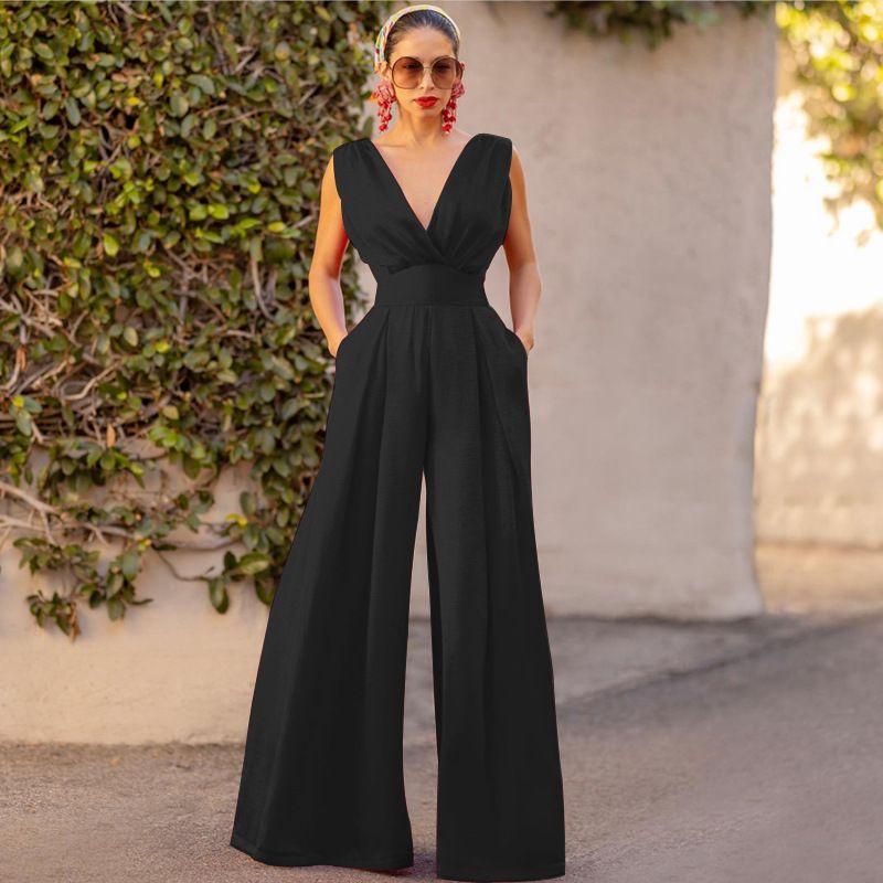 

European and American Foreign Trade Famous Catwalk Red Carpet New Pocket Jumpsuit High Waist Slim Fit One-Piece Straight Wide Leg Pants Women Black L