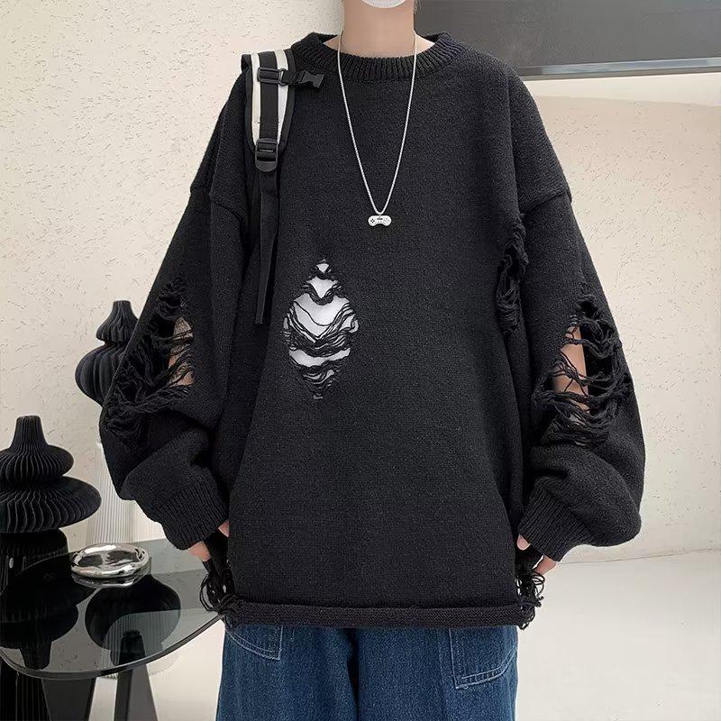 Autumn Men's Hole-Knit Sweater: New Lazy Style Pullover in Black or White