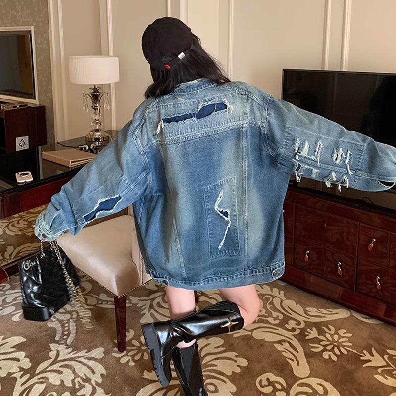 Women's Retro Ripped Denim Jacket for Spring/Autumn 2024 - Loose, Versatile Cardigan Top