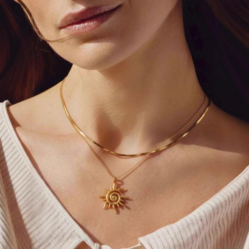 Gold Spiral Sun Pendant Necklace Boho Celestial Jewelry for Women