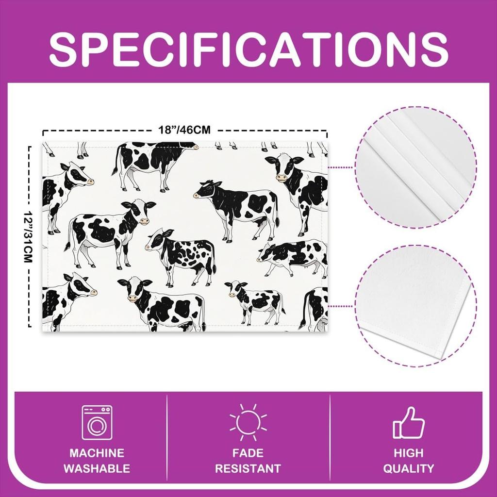 Rustic Cow Placemats Set of 4 Retro Milk Cow Table Mats Placemat Black White Cow Placemats for Dining Table Indoor Outdoor