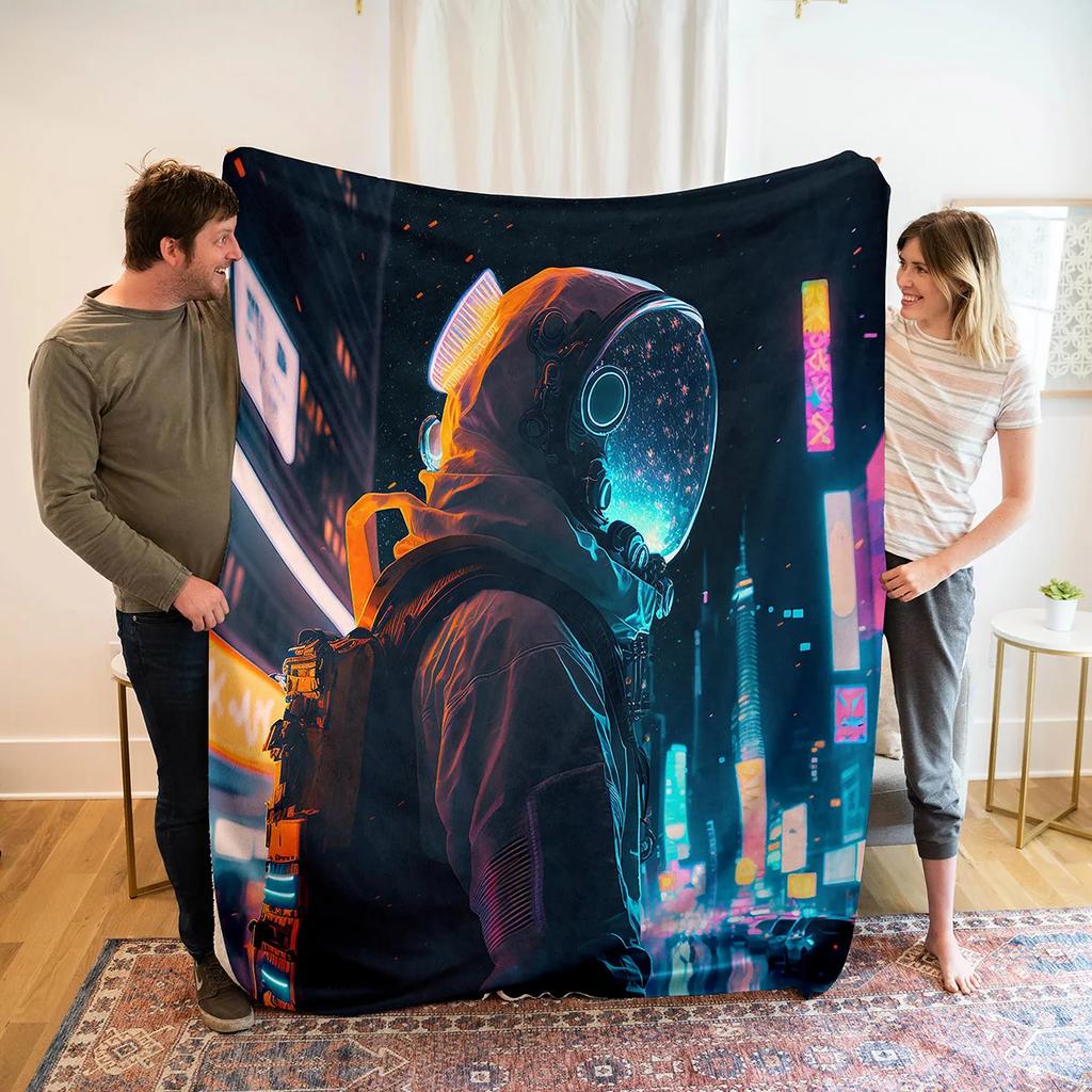 Astronaut Flannel Throw Blanket Galaxy Space Planet Pattern Blanket Lightweight Warm Super Soft for Bed Sofa Couch Travel Decor