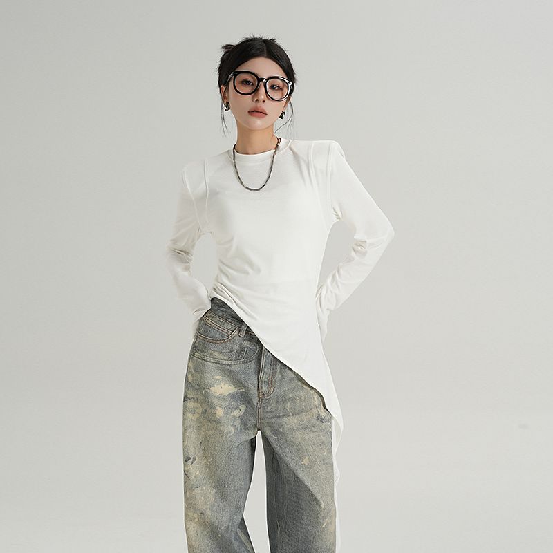 

Srys AME Niche Design Slant-Cut Bottom Irregular T-shirt Women s Long Sleeve round Neck Tops New Spring and Autumn Women s Clothing White S
