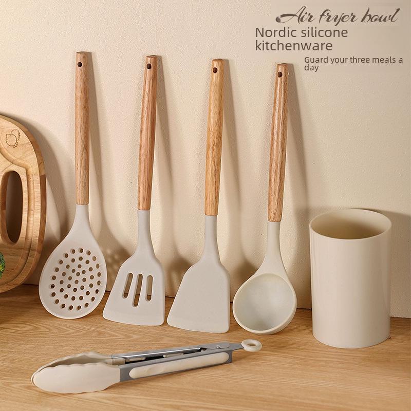 

5-Piece White Wooden-Handle Silicone Kitchen Utensil Set