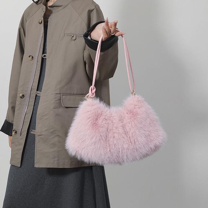 Yogodlns Women's Autumn and Winter Handbag Imitation Fur Fashion Hundred with Plush Bag Solid Color Large Capacity Zipper Shoulder Bag