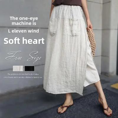 Pantalon Jupe Large en Lin Coton pour Femme - Grande Fente, Décontracté, Coupe Ample, Longueur Neuf Points pour le Printemps et l'Été
