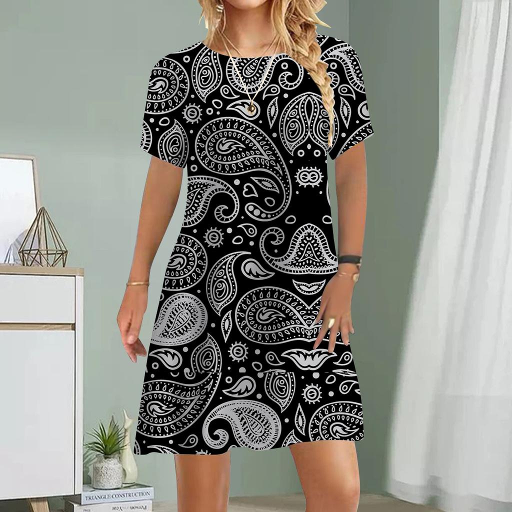 Damen Freizeitkleid Sommer Paramecium Print Kleider für Damen O-Ausschnitt Kurzarm Kleid Übergröße