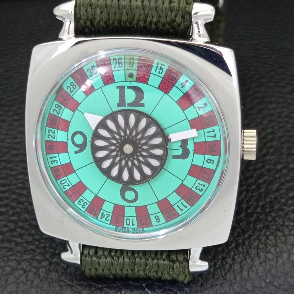 VINTAGE HAND-WINDING SWISS POKER FACE MENS REFURBISHED SEA GREEN WATCH a700937-5 R205a-a700937