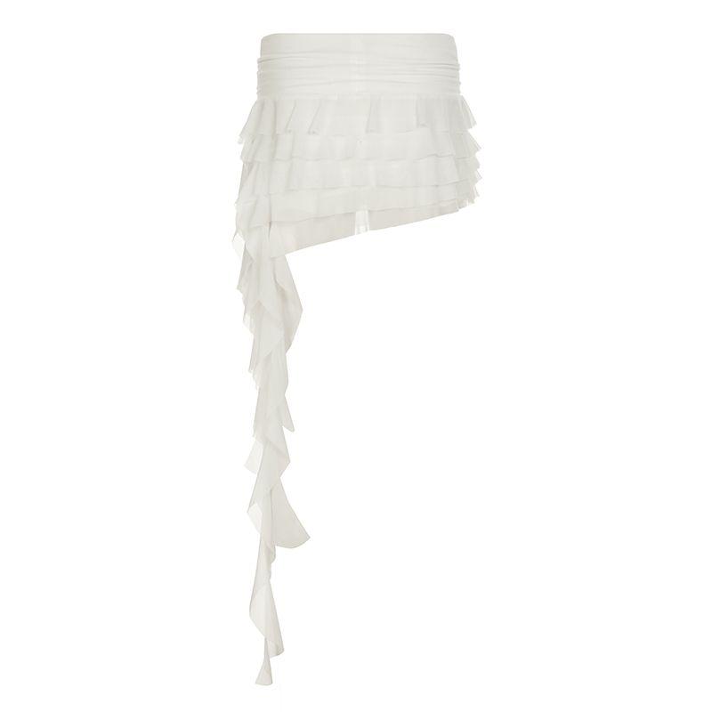

H Home European and American Women s Clothing Baby Blue Asymmetrical Ribbon Ruffles Skirt Pure Elegant Seaside Mesh Pantskirt White L