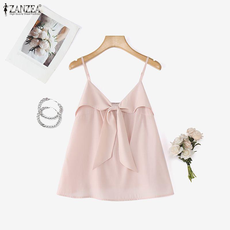 ZANZEA Women Bows V-Neck Casual Sleeveless Straps Camisoles Tank Tops