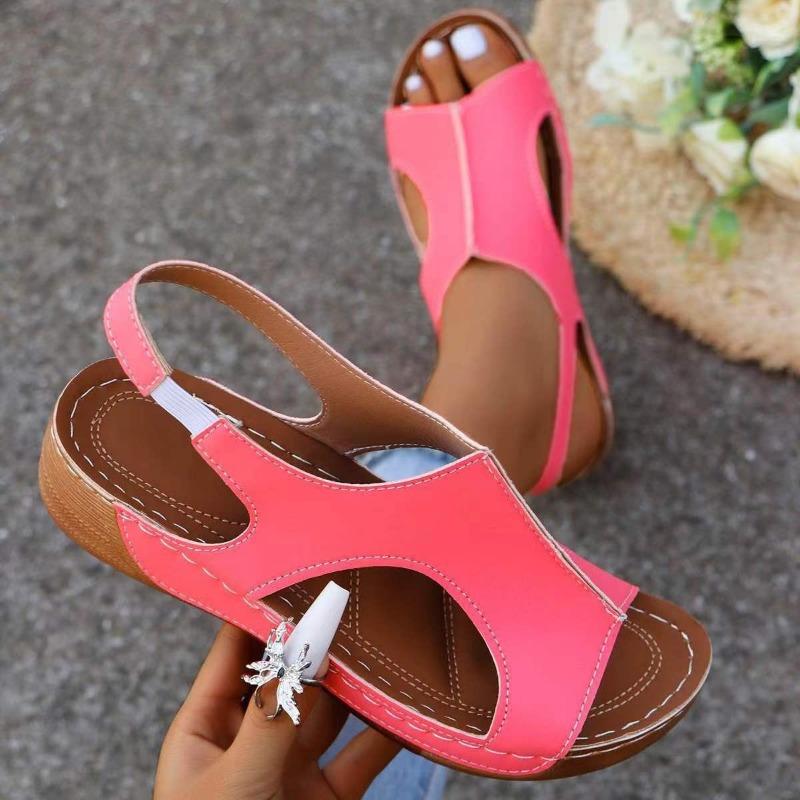 Mid Heel Strappy Back Sandals - Soft PU Sole, Comfortable Open Toe, Ankle Buckle, Side Cut Out, Solid Color Pull-On Shoes for Women
