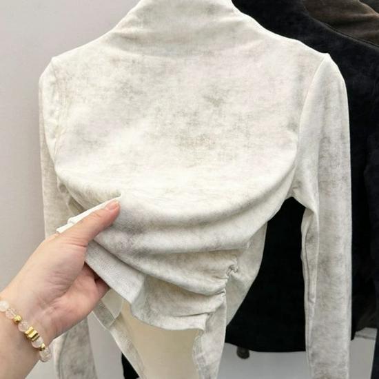 2024 Winter Tie-Dye Ruched Waist Straight Shoulder Velvet Base Top Women's T-Shirt