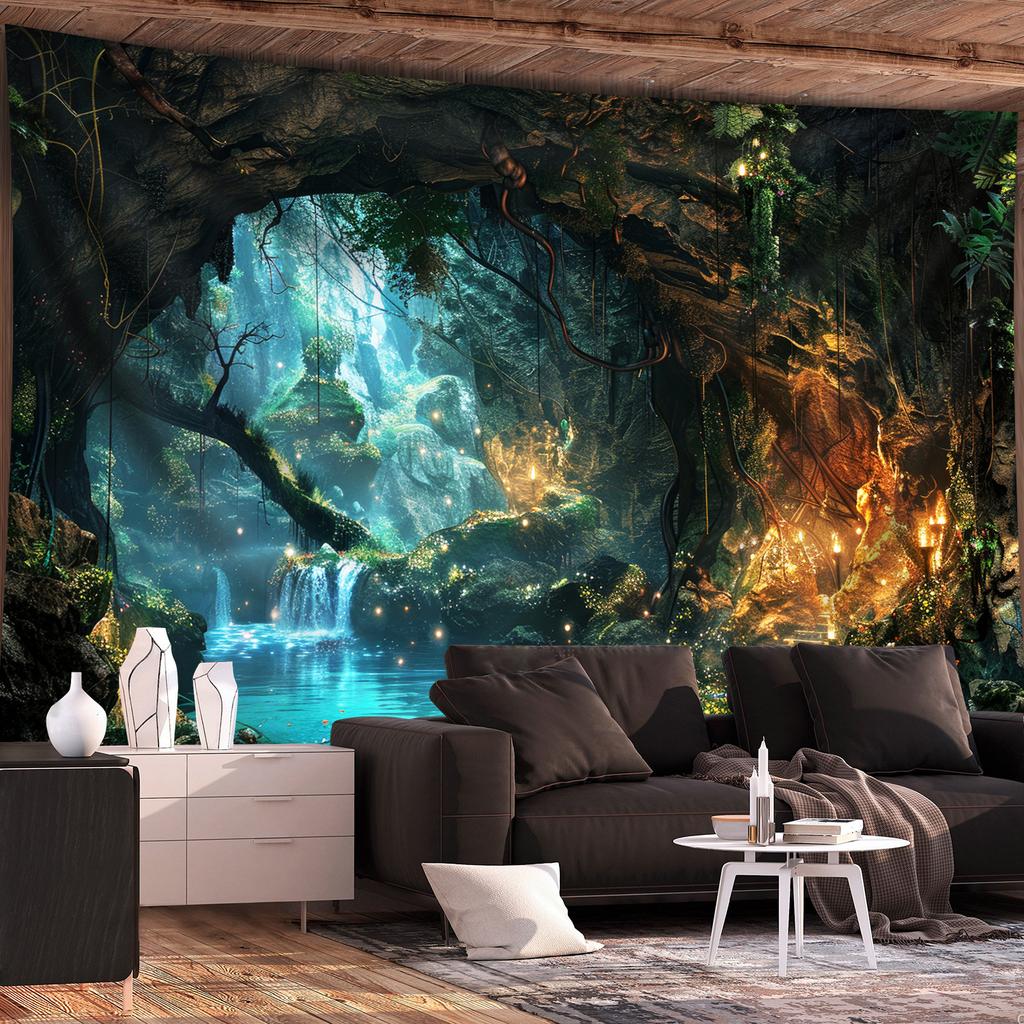 Fantasy Cave Waterfall Tapestry, Glowing Underground River And Lights, Mystical Landscape Wall Hanging For Bedroom